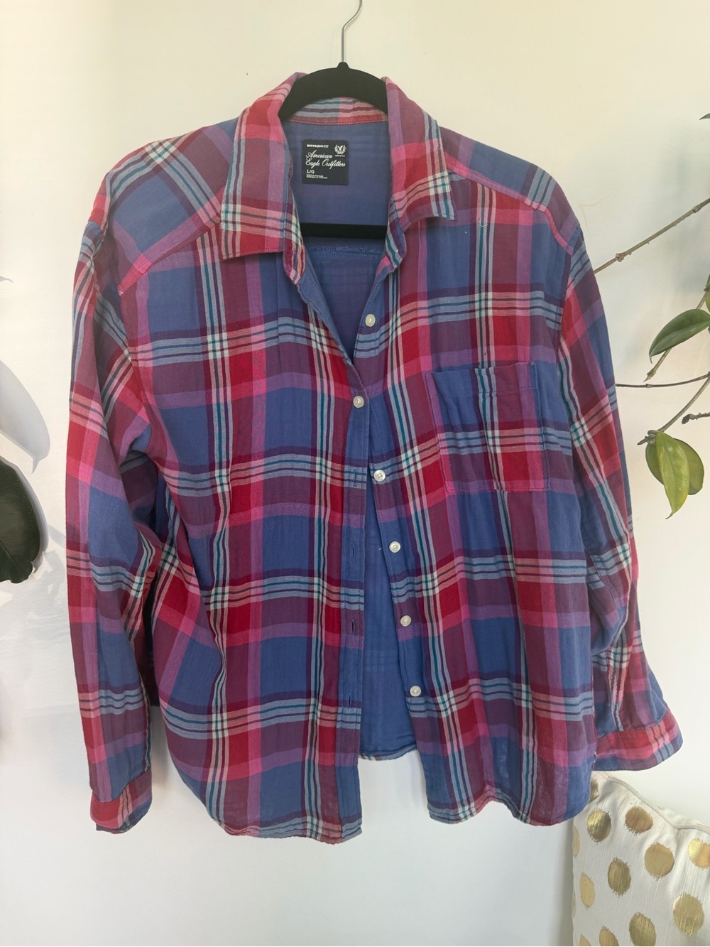 Plaid Button-Up boyfriend Shirt - Blue & Pink